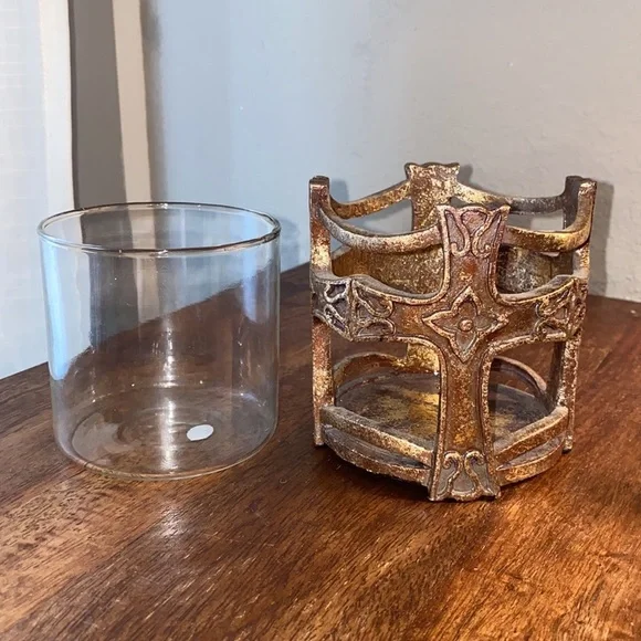 Brown gold bronze candle holder and glass insert home decor with cross design​​ - Picture 6 of 13